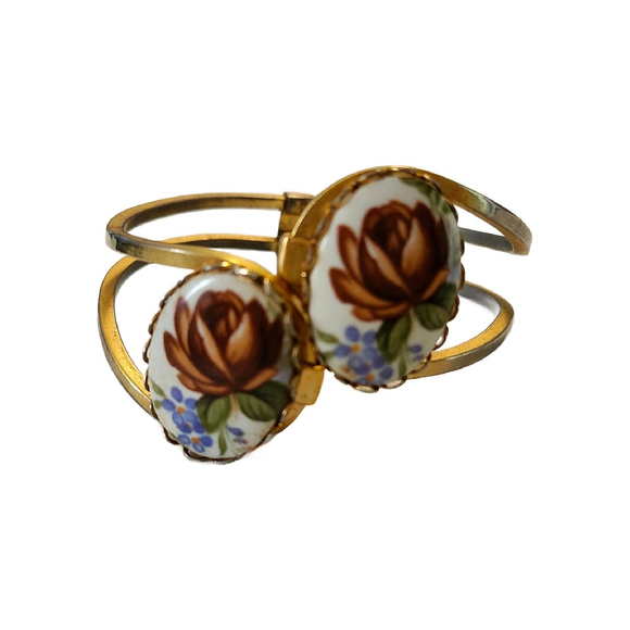Vintage Hand Painted Floral Porcelain Clamper Bracelet - Picture 1 of 9